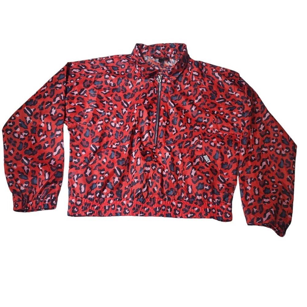 Juicy Couture womens windbreaker jacket Sz Large Red Leopard pockets lightweight